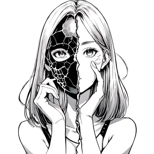 Anime Girl With A Broken Glass Mask Split In Half
