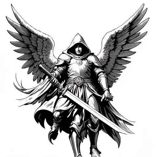 Archangel In Armor Holding Hooded Sword In Flight