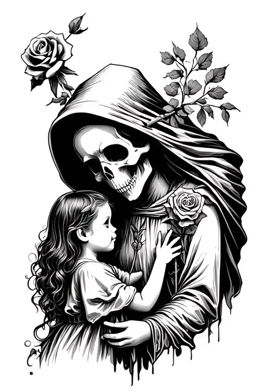 A Little Girl Offering A Rose To The Grim Reaper