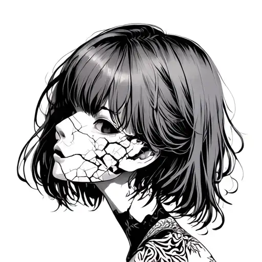 A Anime Girl With A Broken Porcelain Mask Side Profile