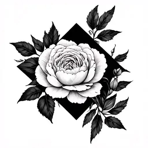 Peony And Rose Flowers Inside Square And Diamond Inverse Blackout
