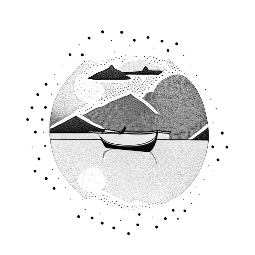 A Dotwork Tattoo Of A Serene Mountain Landscape With A Canoe Drifting On A Calm Lake