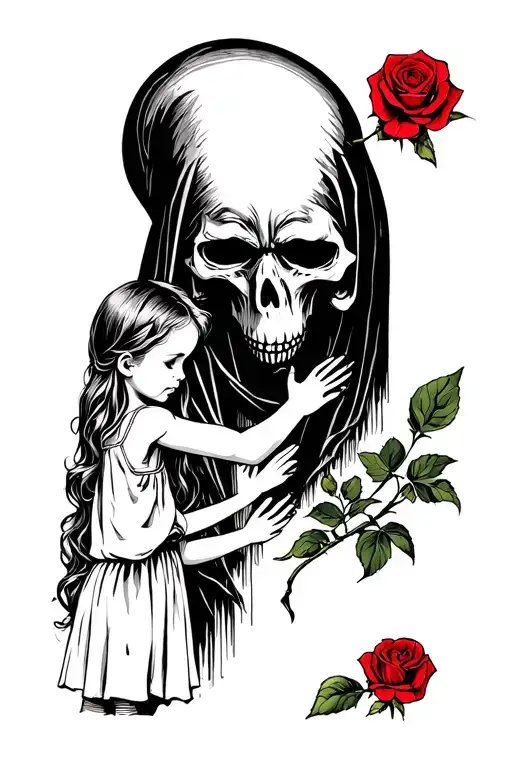 A Little Girl Offering A Rose To The Grim Reaper