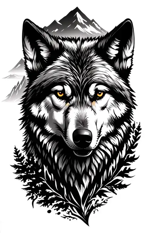 Mountain Range Inspired Tattoo Featuring Wolf