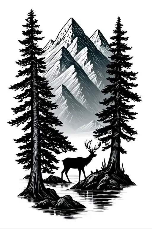 Mountain Range With Tall Tree And River Deer Drinking