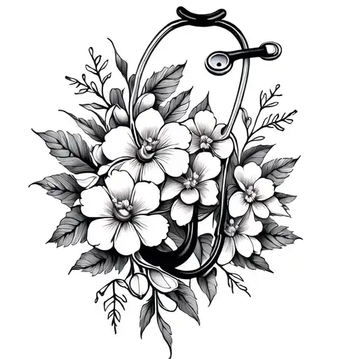 A Stylized Blackwork Tattoo Of A Stethoscope Intertwined With Beautiful Flowers