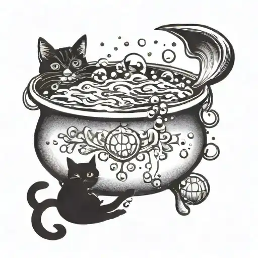 Witch Cauldron With Bubbles Black Cat Girly