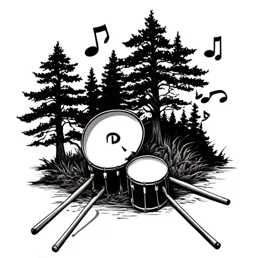 A Tattoo Design Combining Musical Notes And Drumsticks In A Forest Setting