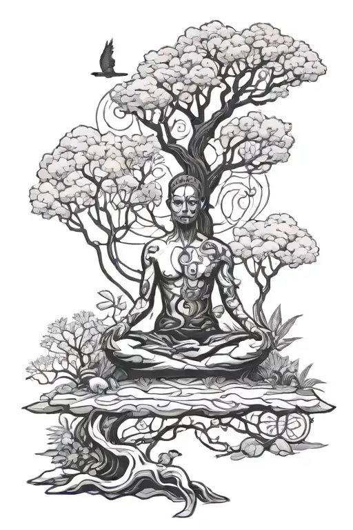 A Serene Forest Scene With A Meditating Figure Surrounded By Symbols Of Self Growth And Altruism