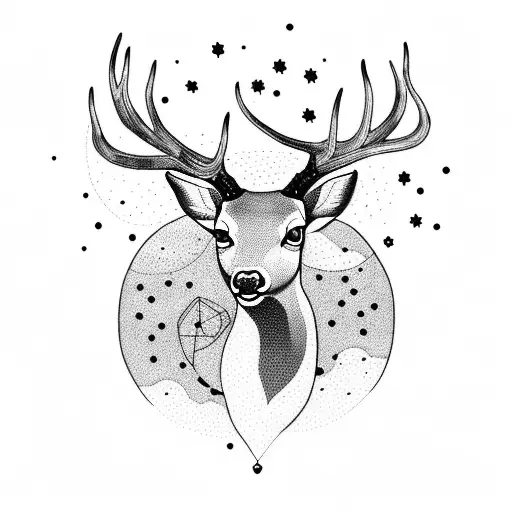 A Blackwork Tattoo Of A Deer Surrounded By A Constellation Of Stars