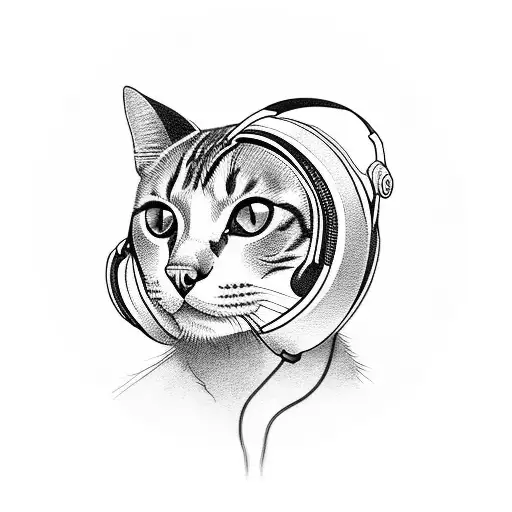 A Blackwork Tattoo Of A Cat Wearing Headphones And Djing On A Turntable