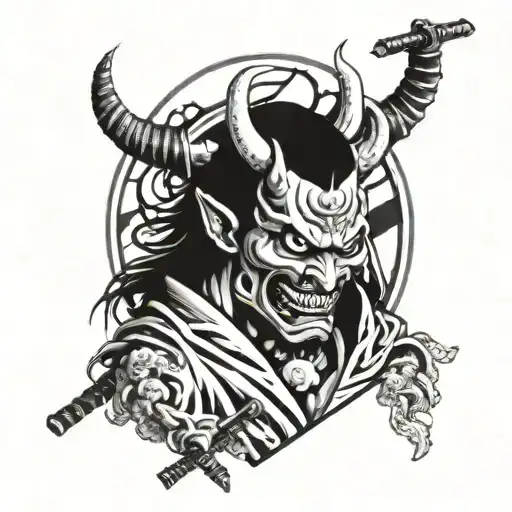 Japan Hannya Mask And Japan Flag And Samurai Warrior Behind