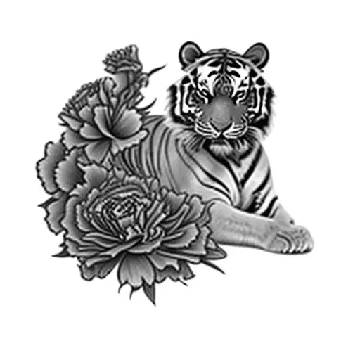 A Tiger And Carnation Flowers