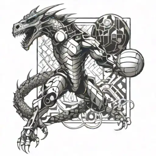 A Futuristic Volleyball Player With Robotic Enhancements Battling A Dragon On A Digital Court
