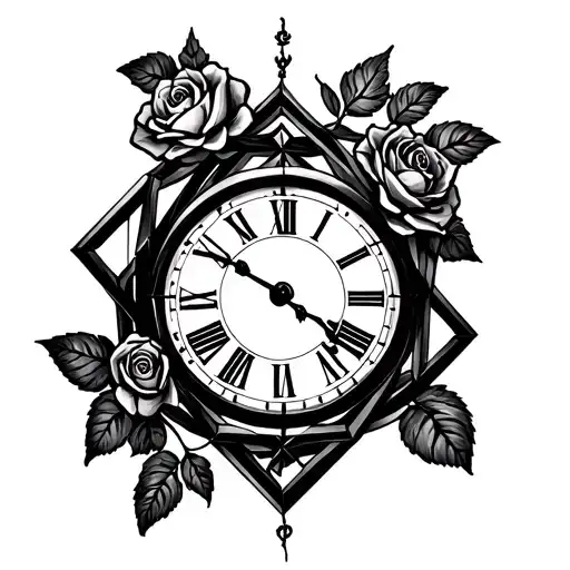 A Geometric Representation Of A Clock Intertwined With A Rose Vine