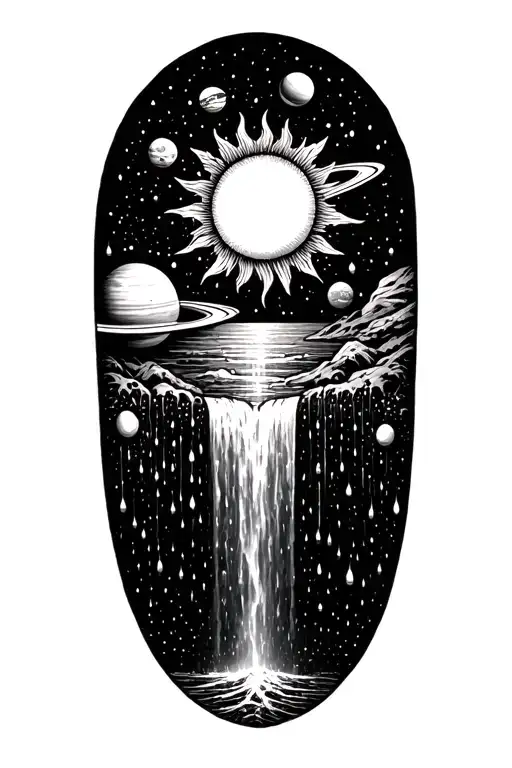 A Sun Surrounded With Planets That Turns Into A Waterfall With Rain Drops At The Bottom