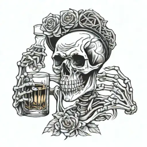 Skeleton Drinking Whiskey Glass Filled