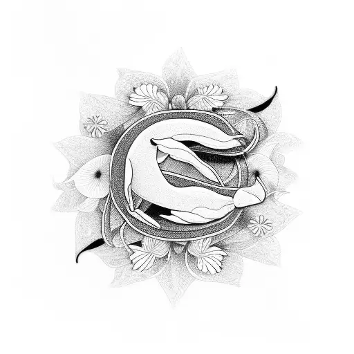 Whale With Lilly Flowers Tattoo Black And White