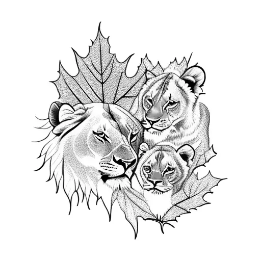 A Majestic Lioness And Cub Surrounded By A Vibrant Maple Leaf Wreath