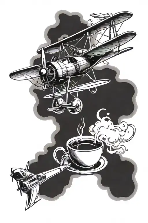 A Tattoo Design Combining A Vintage Airplane And A Steaming Cup Of Coffee