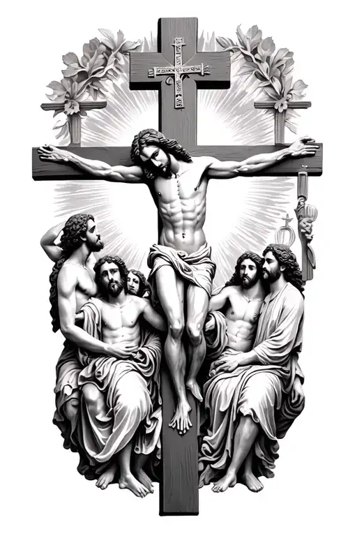 Jesus On Catholic Cross Surrounded By Disciples