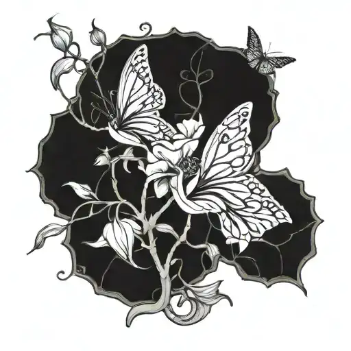 A Botanical Illustration Of A Moonflower Vine Intertwining With A Butterfly In A Blackwork Style