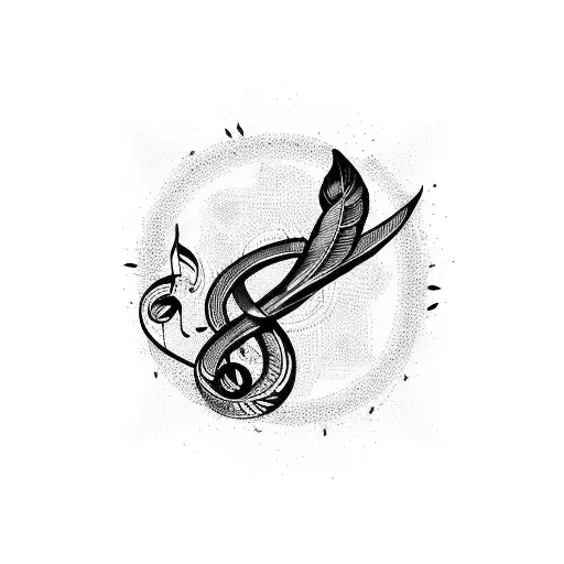 A Detailed Blackwork Tattoo Of A Musical Note Intertwined With A Crow Feather