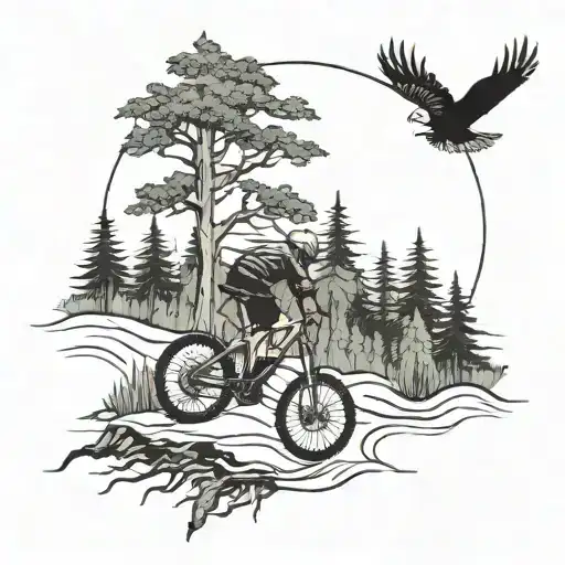 A Mountain Biking Trail Winding Through A Forest With An Eagle Soaring Overhead