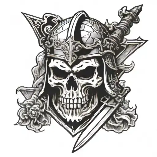 A Skull Wearing A Knight's Helmet Holding A Fiery Sword