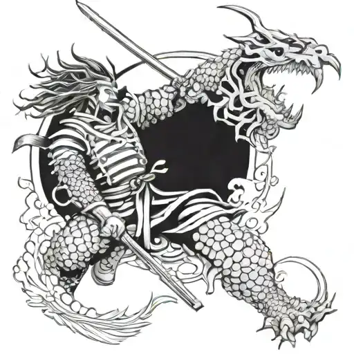 A Japanese Samurai Warrior Battling A Dragon In Outer Space
