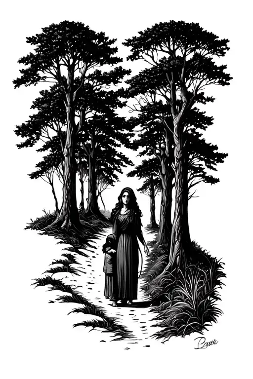 Path In The Forest Scene With A Womand Holding A Child Hand