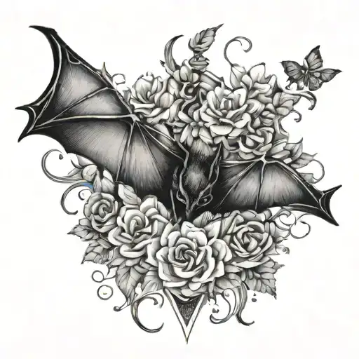 Bat Hanging Upside Down With Floral Details