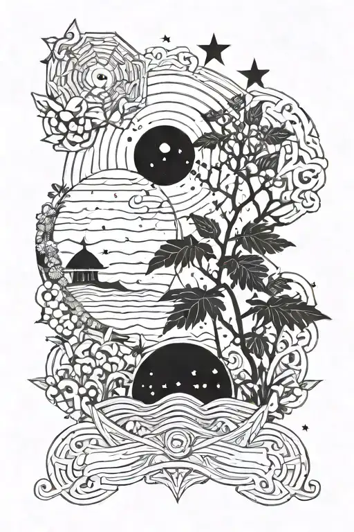 Combine Water With Celestial Elements Like Stars And Plants In A Blackwork Design