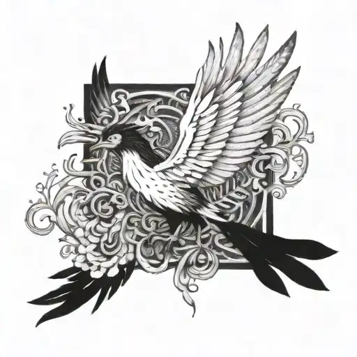 A Black And White Phoenix Rising From The Ashes With Intricate Dotwork Details