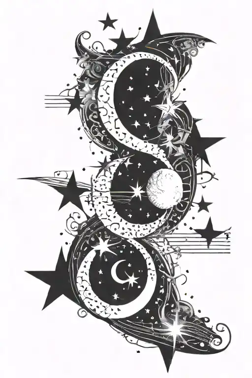 Combine Music Notes With Celestial Elements Like Stars And The Moon In A Blackwork Design
