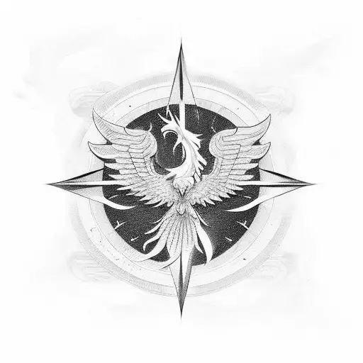 A Flying Phoenix Landing On A Compass In Black And White