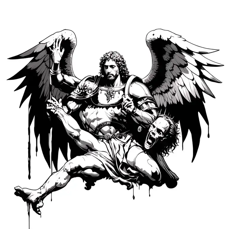 Arch Angel Michael In War Armour Decapitating Satan And Holding His Bleeding Head Up In The Air