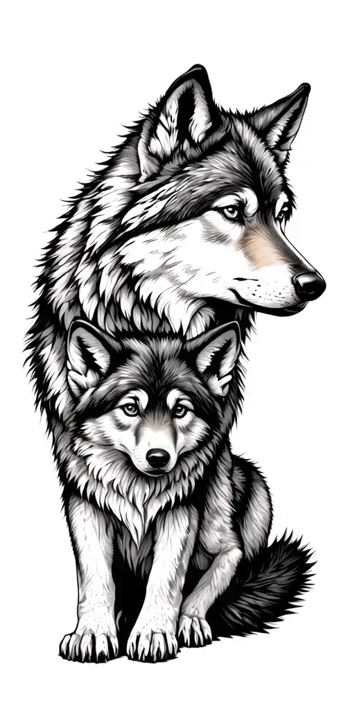 Wolf With Cub Resting