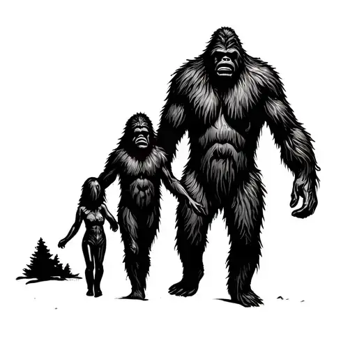 Bigfoot With His Two Bigfoot Daughters Walking Hand