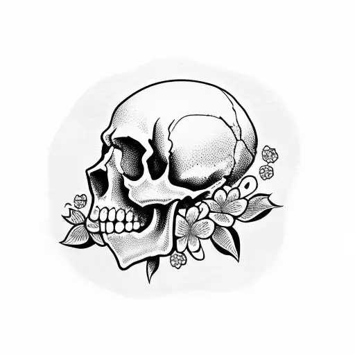 Old Skull Being Broke By Braches And Flowers