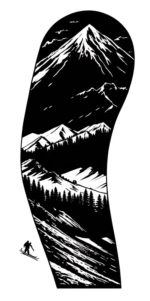 Mountain Landscape With Ski Slope With Skiers Skiing Down It