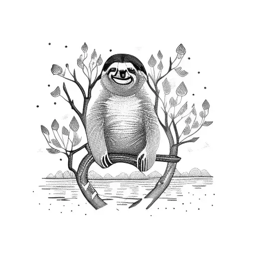 A Peaceful Lakeside Scene With A Sloth Hanging From A Tree Branch