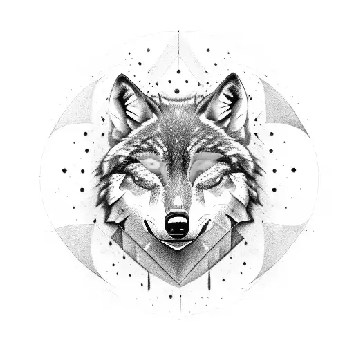 Wolfs Face Split In The Middle By A Redwood Tree With One Blue And One Green Eye