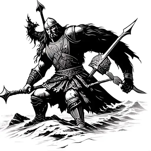 A Viking Warrior In Battle With A Backdrop Of The Sakhalin Island Landscape