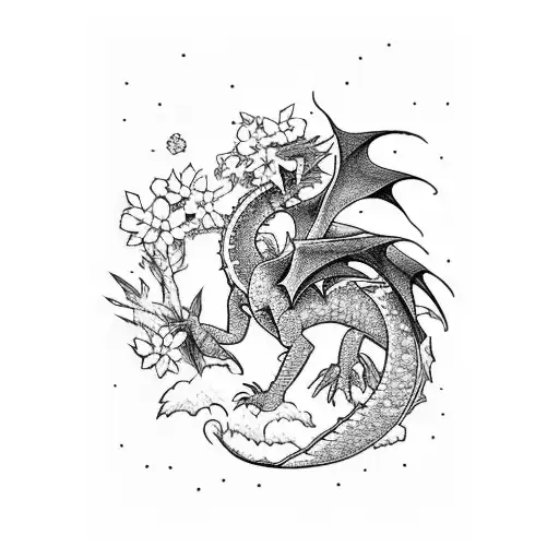 A Mystical Dragon Emerging From A Dense Forest With Vibrant Sakura Flowers Blooming Around It