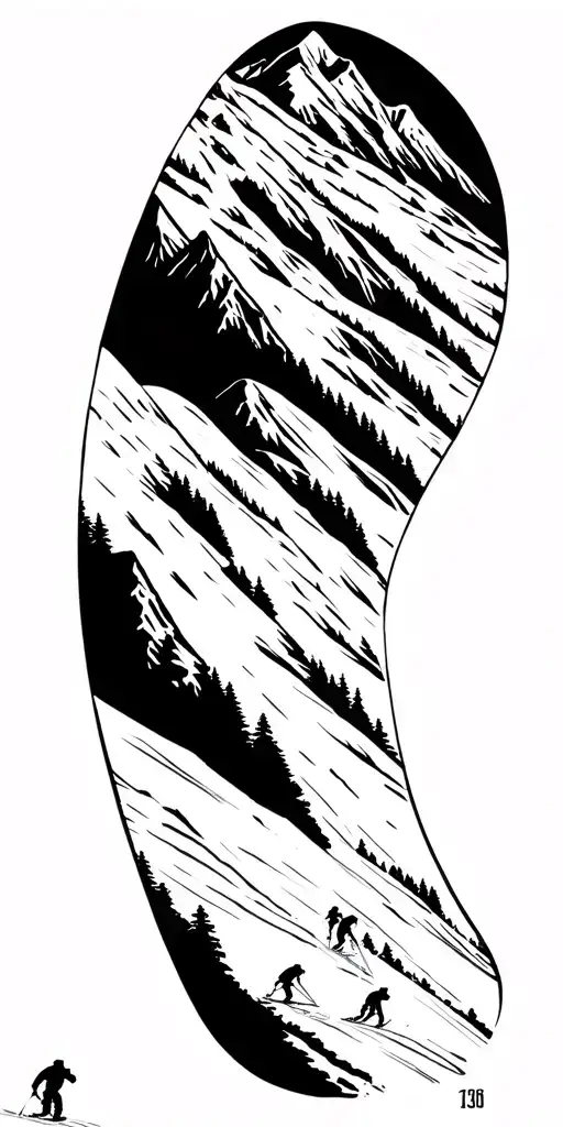 Mountain Landscape With Ski Slope With Skiers Skiing Down It