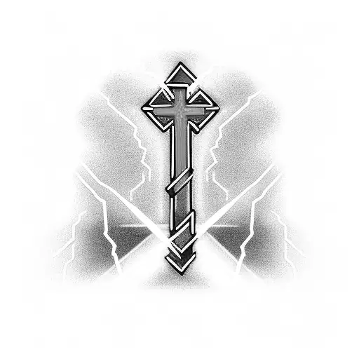 Red Neon Light Cross With Black Lightning Behind