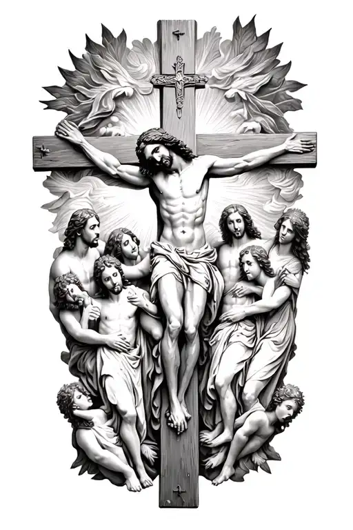 Jesus On Catholic Cross Surrounded By Disciples