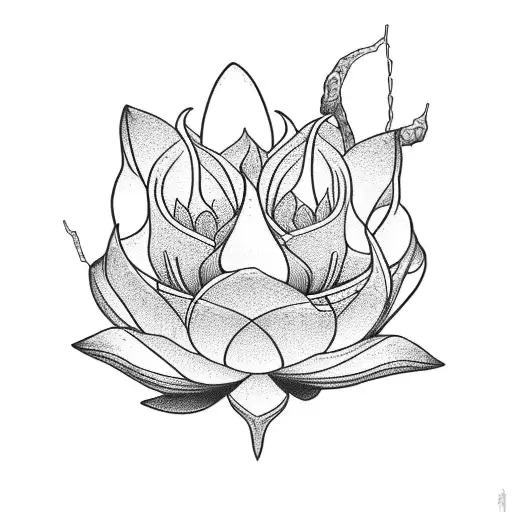 Larkspur Going Up The Spine With A Lotus Flower Behind It And Thorny Vines Spiraling Them