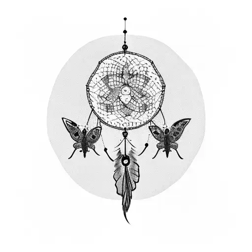 A Blackwork Tattoo Of A Dreamcatcher With Butterflies Intertwined In The Design